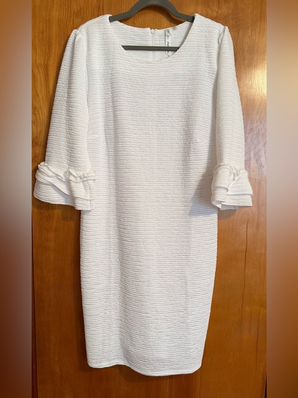NY Collection White Textured Shift Dress with Ruffle Cuffs